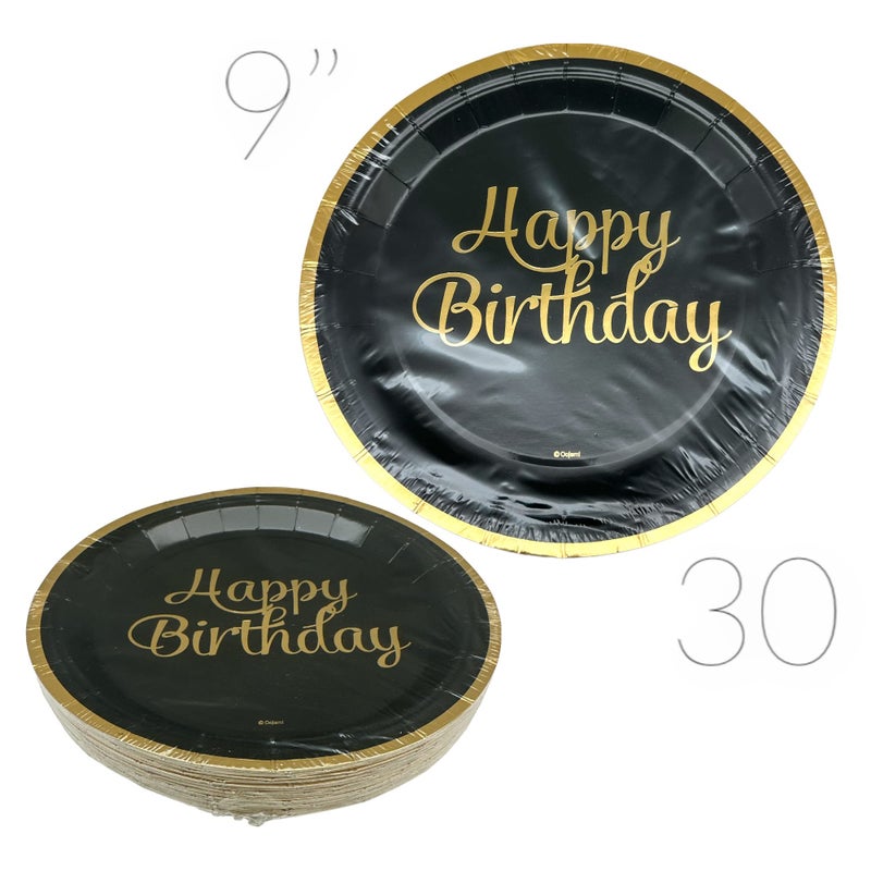 Oojami 180-Piece Happy Birthday Party Supplies Set â€“ Serves 30 Guests with 9" Dinner Plates, 7" Dessert Plates, 12 oz Cups, and 3-Ply Napkins â€“ Gold Foil Disposable Tableware Party Pack - Image 3